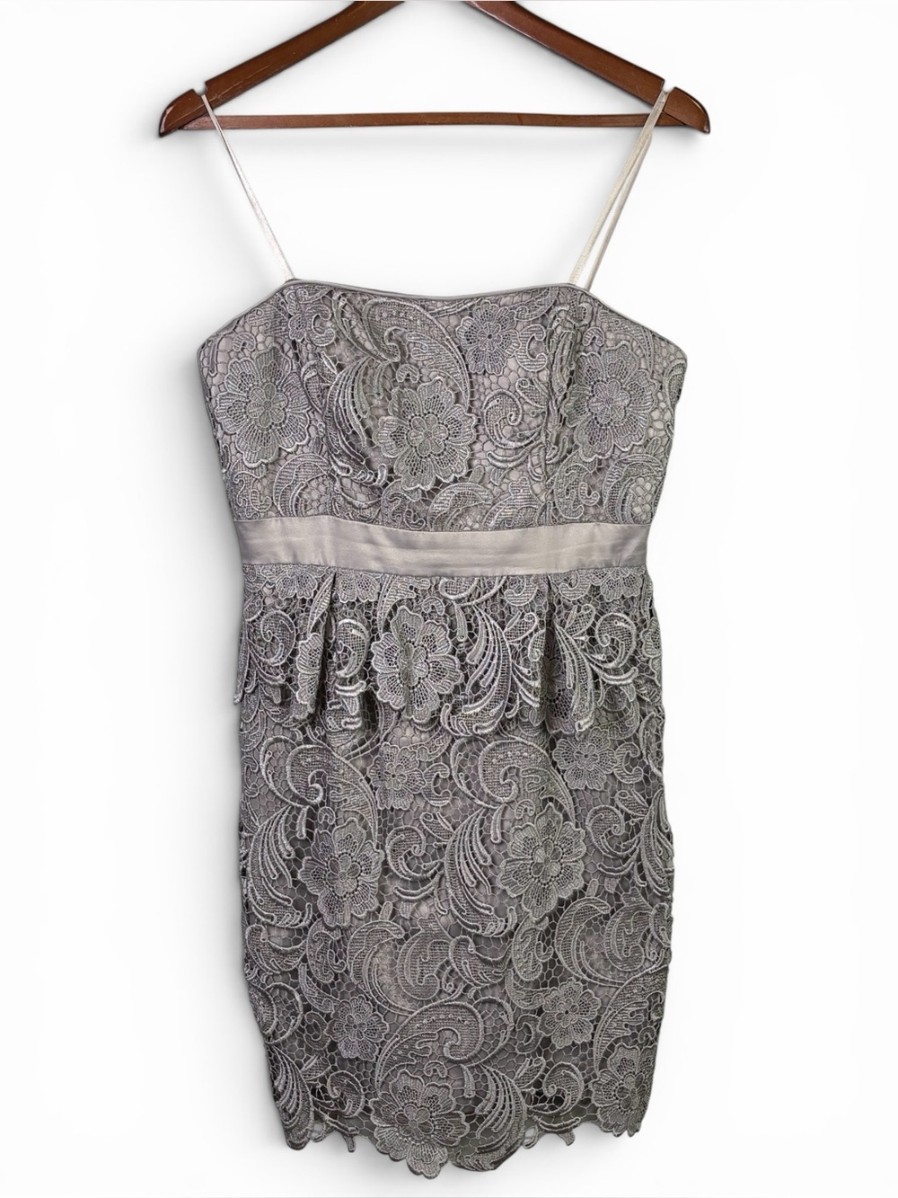 Adrianna Papell Silver Grey Lace Strapless Peplum Cocktail Dress Size 8 - Picture 3 of 12